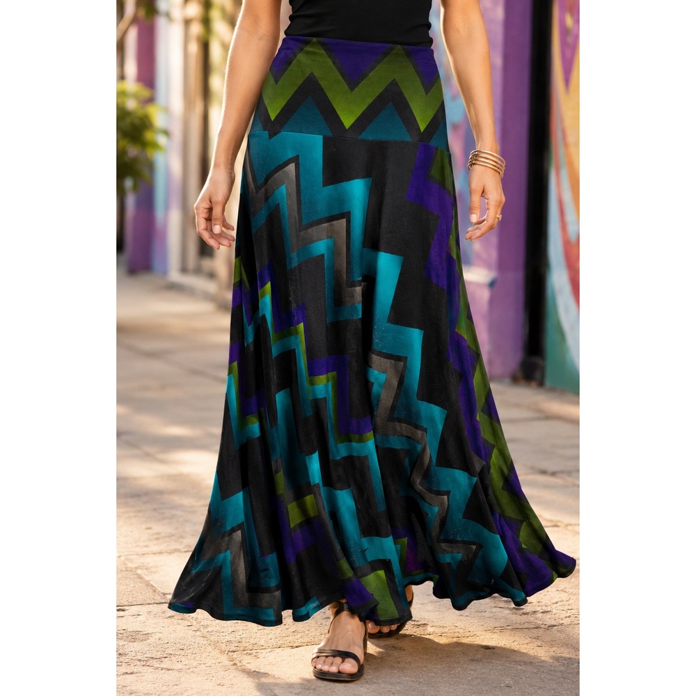 Sunny Leigh Womens Chevron Maxi Skirt Teal Purple Green Geometric‎ A-Line Size S
